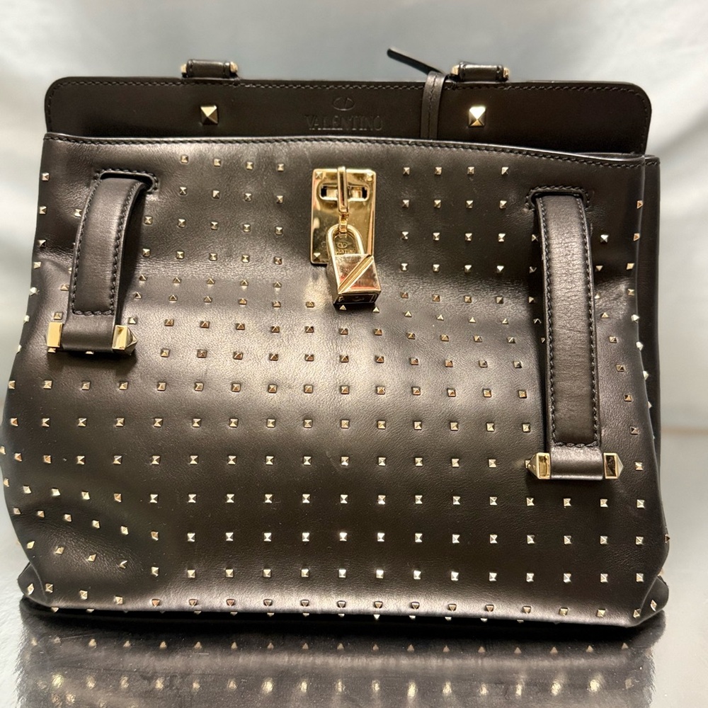 Valentino Black and Gold Studded Satchel